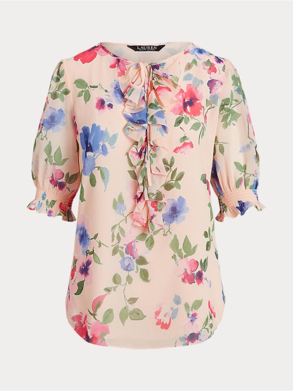 Lauren Ralph Lauren Peach Floral Ruffle-Front Blouse